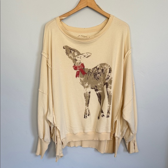 We The Free Tops - We The Free Cream Deer Graphic Sweatshirt – Red Bow Detail – Cozy Cottagecore